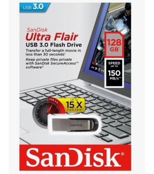 Флешка USB Sandisk CZ73 Cruzer Ultra Flair (SDCZ73-128G-G46), 128Gb, USB 3.0, R/W 150/45, серебристый/черный