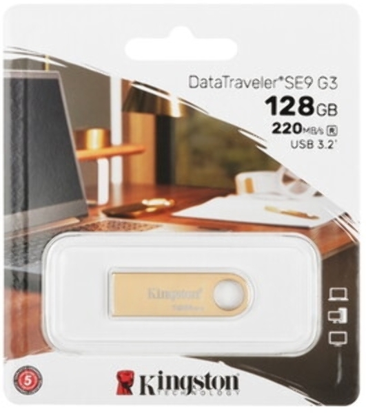 Флешка USB Kingston DataTraveler SE9 G3 (DTSE9G3/128 Gb), 128Gb, USB 3.2 Gen 1, R/W 220/100, золотистый