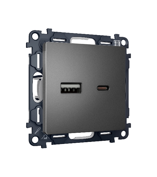 Комплект механизма розетки ALFA Антрацит серый 2USB A+C 20W (быстрая зарядка) QUANT (AP6610, VM177) MA661010
