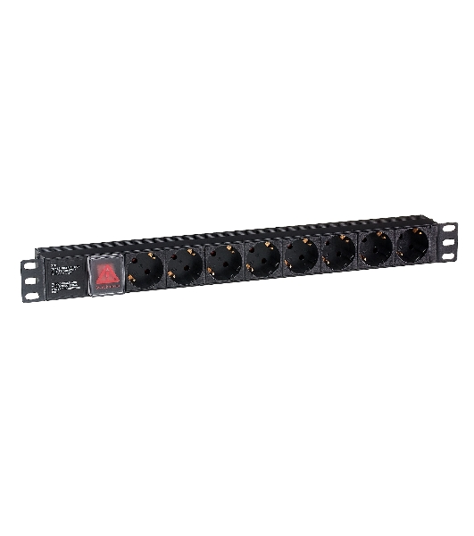 Блок розеток горизонтальный ExeGate ServerPro PDU-19H801 Al-8S-C14-SW, 19', 1U, Алюминий, 8 Schuko, С14, выкл. с подсветкой, черный