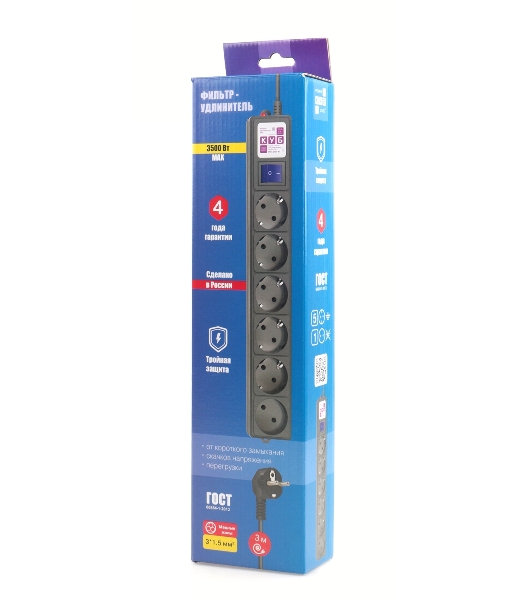 Фильтр-удлинитель PC 3 м 6 р, черный 16А, SPG6-B1