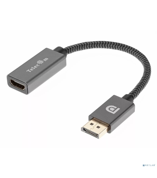Кабель-переходник DP --> HDMI-F 0.2m, серый металлик, оплетка, 4K@60Hz, Telecom (TA560)