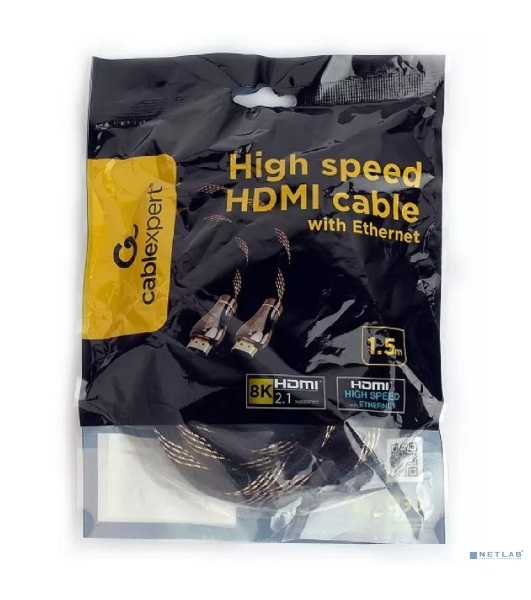 Кабель Cablexpert HDMI CCP-HDMI8К-1.5M, 19M/19M, v2.1, 8К, медь, позол.разъемы, экран, оплетка, 1.5м, черный, пакет