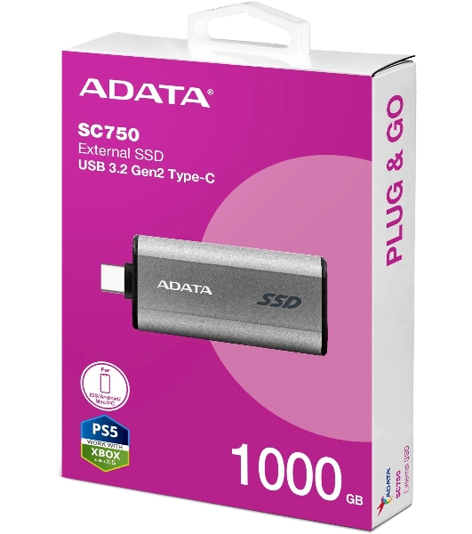 Внешний SSD ADATA SC750, 1TB, USB 3.2 Gen 2 Type-C, R/W 1050/1000, черный