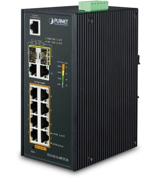 Коммутатор индустриальный PoE IGS-4215-8P2T2S для монтажа в DIN-рейку IP30 Industrial L2/L4 8-Port 10/100/1000T 802.3at PoE + 2-Port 10/100/100T + 2-Port 100/1000X SFP Managed Switch (-40~75 degrees C), dual redundant power input on 48~56VDC terminal block, SNMPv3, 802.1Q VLAN, IGMP Snooping, SSL, SSH, ACL