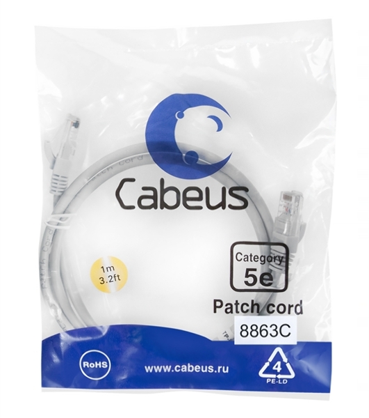 Шнур коммутационный Cabeus, кат. 5е, неэкр., U/UTP, RJ45/RJ45, LSZH, AWG24, 1м, серый