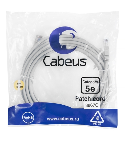 Шнур коммутационный Cabeus, Cat.5e, неэкр., U/UTP, RJ45/RJ45, LSZH, AWG24, 5м, серый
