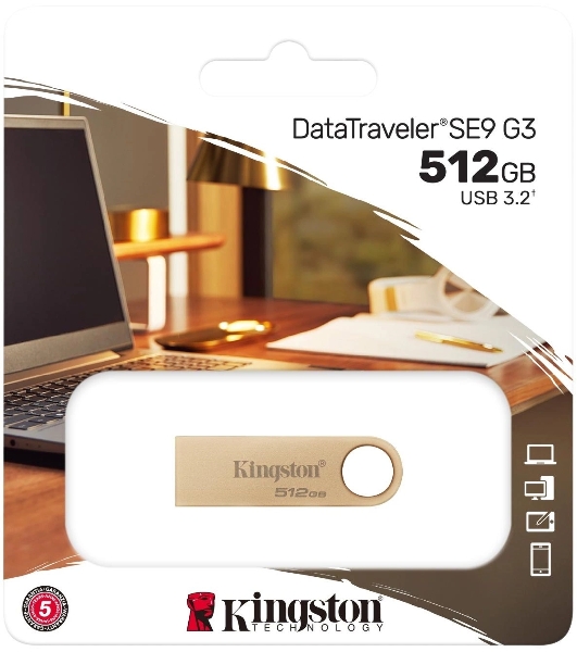Флешка USB Kingston DataTraveler SE9 G3 (DTSE9G3/512Gb), 512Gb, USB 3.2 Gen 1, R/W 220/100, золотистый