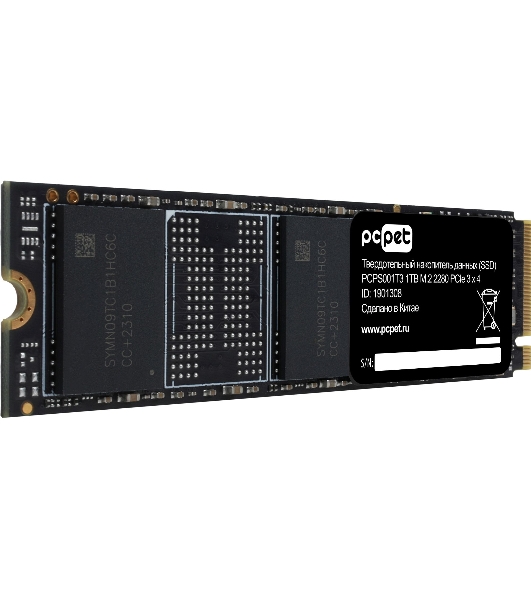 Накопитель SSD PC PET PCPS001T3, 1Tb, PCIe 3.0 x4, M.2 2280, NVMe, R/W 2000/1600