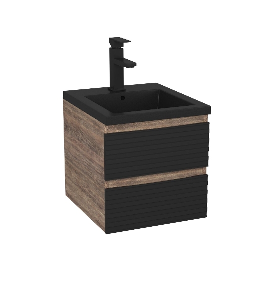 Тумба под раковину Bau Stil Loft black brushed, раковина кварцевая BAU Stil 40, черный металлик, смеситель Hotel Black, черный