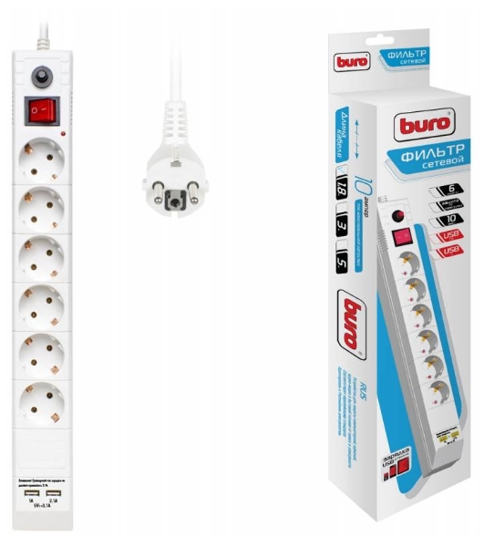 Сетевой фильтр Buro BU-SP1.8 USB 2A-W 1.8 м, 6 розеток, белый, коробка