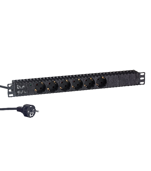 Блок розеток горизонтальный ExeGate ServerPro PDU-19H602 Al-6S-EU2, 19', 1U, Алюминий, 6 Schuko, кабель с евровилкой VDE-250V-16A-3*1.5мм2, 2метра, черный