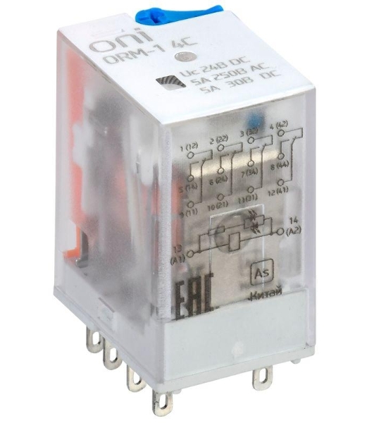 Реле интерфейсное ORM-1 4C 24В DC с LED и тест. кнопкой ONI ORM-1-4C-DC24V-L-B