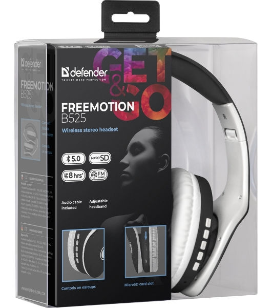 Беспроводные/проводные наушники Defender FreeMotion B525 черный/белый, накладные, Bluetooth + проводной, до 8 ч