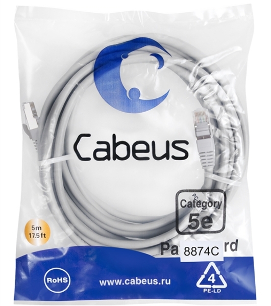 Экранированный патч-корд Cabeus, кат. 5е, экр., F/UTP, RJ45/RJ45, LSZH, AWG24, 5м, серый