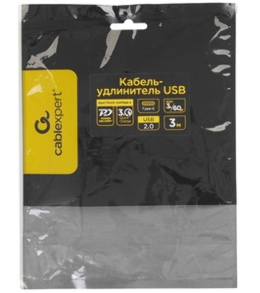 Кабель-удлинитель USB2.0 Cablexpert CCP-USB2-CMCF-3M, Type-C(М)/Type-C(F), 3А, 60Вт, PD/QC3.0, медь, Pro, 3м, черный, пакет