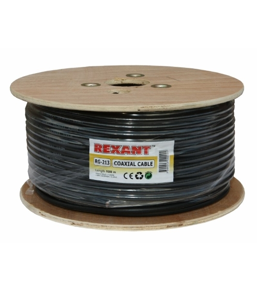Кабель коаксиальный Rexant RG-213, 50 Ом, Cu/Cu, 96%, бухта 100 м, черный