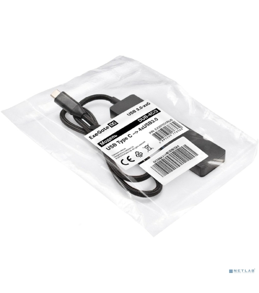 USB-концентратор 4-в-1 ExeGate DUB-4C/3 (кабель-адаптер USB Type C --> 4xUSB3.0, Plug&Play, черный)