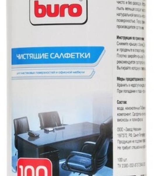 Салфетки Buro BU-Tsurl, 100 шт. для пластиковых поверхностей и офисной мебели туба 100шт влажных