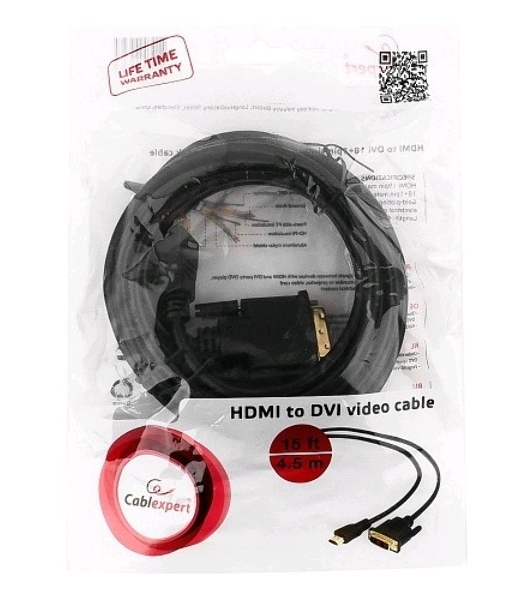 Кабель HDMI-DVI Cablexpert CC-HDMI-DVI-15, 19M/19M, single link, медь, позол.разъемы, экран, 4.5м, черный, пакет