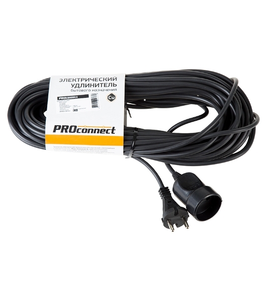 Удлинитель-шнур PROconnect ПВС 2х0.75, 20 м, б/з, 6 А, 1300 Вт, IP20, черный