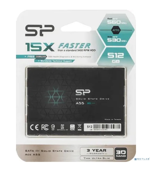 Накопитель SSD Silicon Power Ace A55, 512Gb, SATA III, 2.5', R/W 560/530