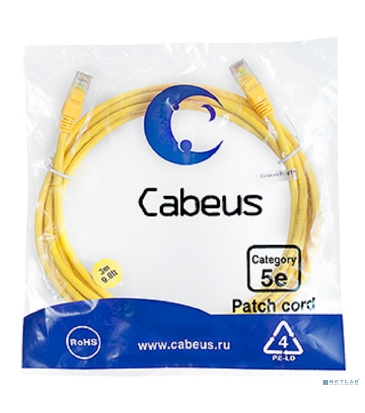 Патч-корд U/UTP, Cabeus PC-UTP-RJ45-Cat.5e-3m-YL-LSZH категория 5е, 2xRJ45/8p8c, неэкранированный, желтый, LSZH, 3м