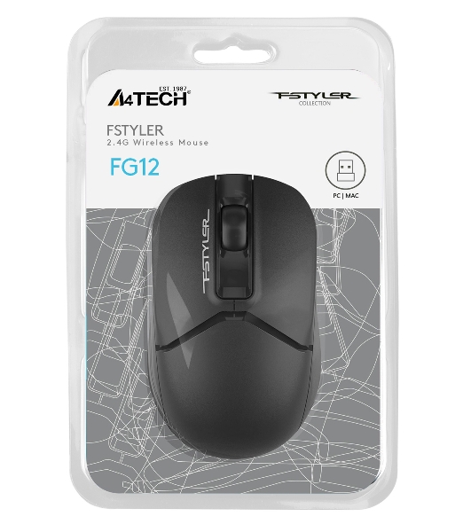 Мышь беспроводная A4Tech Fstyler FG12 черный, 1200 dpi, радиоканал, USB, кнопки - 3