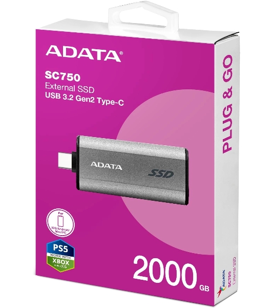 Внешний SSD ADATA SC750, 2TB, USB 3.2 Gen 2 Type-C, R/W 1050/1000, черный