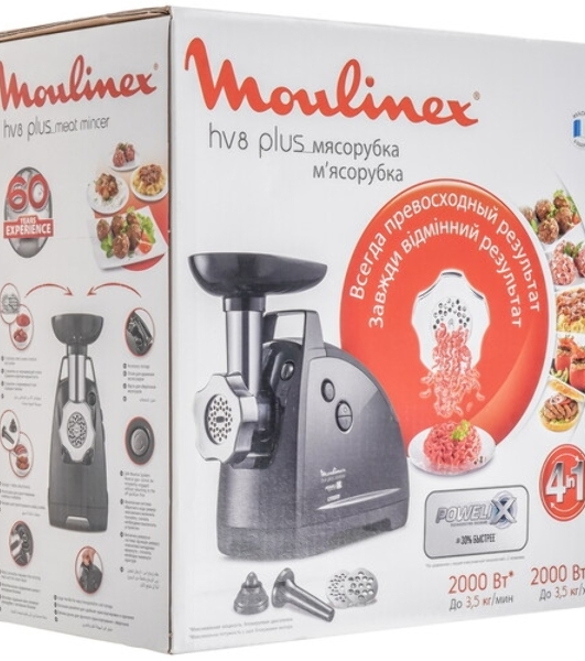 Мясорубка электрическая Moulinex ME682832 черный, 2000 Вт, 2.6 кг/мин, реверс, защита от перегрузки, насадки - 4