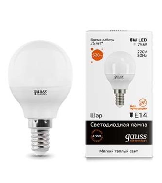 Лампа светодиодная LED Gauss 8Вт E14 220В 2700К Elementary шар 53118