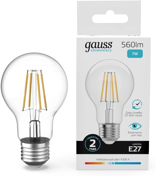 Лампа светодиодная филаментная Gauss Filament 7Вт цок.:E27 груша св.свеч.бел.нейт. (упак.:10шт)
