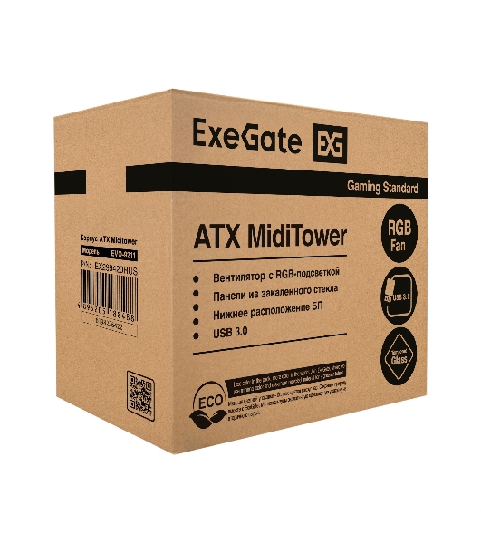 Компьютерный корпус Miditower ExeGate EVO-9211-450NPX (ATX, БП 450NPX с вент. 12см, с окном, 2хUSB+1хUSB3.0, HD аудио, черный, 1 вент. с RGb подсветкой)