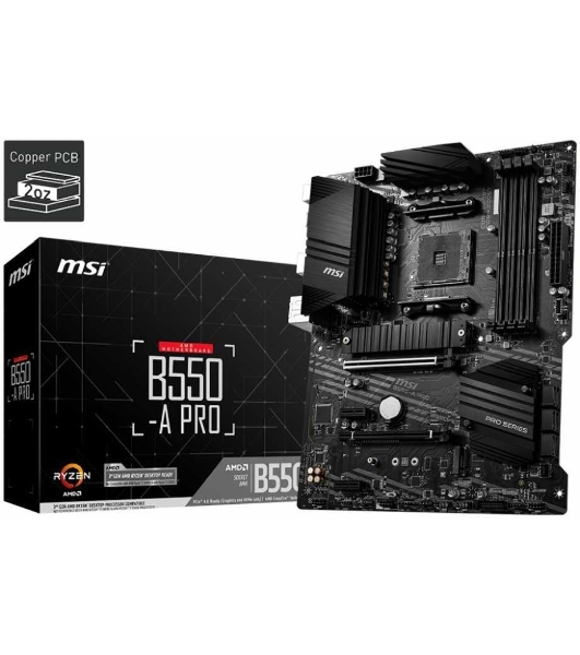 Материнская плата MSI B550-A PRO, AM4, AMD B550, 4xDDR4, 6xSATA, 2xM.2, 1xPCI-E 4.0 x16, 1xPCI-E 3.0 x16, 2xPCI-E x1, 1xHDMI, 1xDP, 1x 1Gb LAN, 4xUSB-A 2.0, 2xUSB-A 3.2 Gen 1, 1xUSB-A 3.2 Gen 2, 1xUSB-C 3.2 Gen 2, 6x3.5 мм, 7.1, ATX