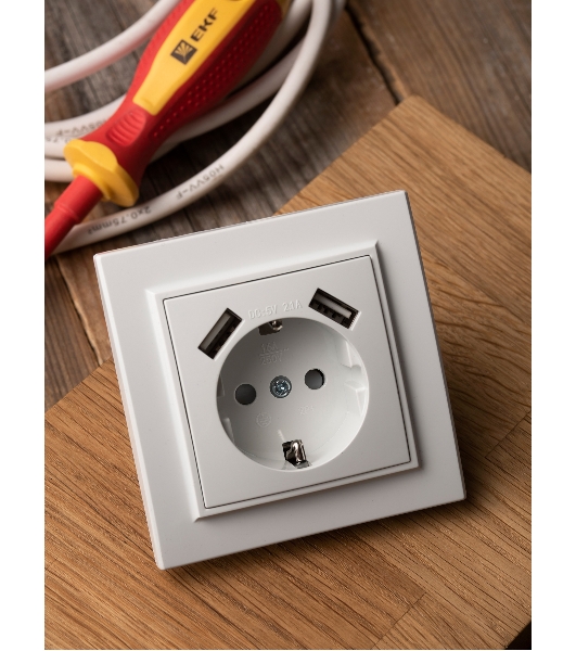 Розетка 1-местная СП с/з 16А белая с защ. штор. с 2 USB 2,1А EKF Минск