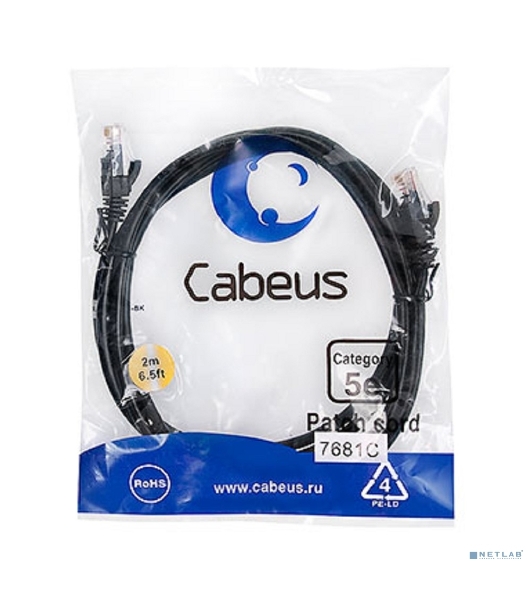 Патч-корд Cabeus PC-UTP-RJ45-Cat.5e-2m-BK UTP, cat. 5e, 2 м, неэкранированный, черный. 7681c