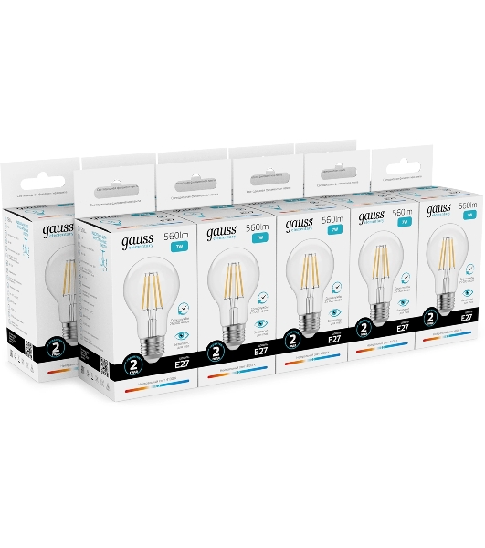 Лампа светодиодная филаментная Gauss Filament 7Вт цок.:E27 груша св.свеч.бел.нейт. (упак.:10шт)