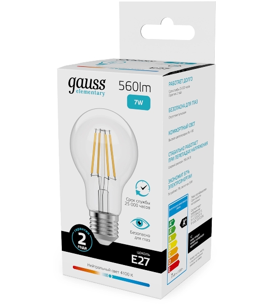 Лампа светодиодная филаментная Gauss Filament 7Вт цок.:E27 груша св.свеч.бел.нейт. (упак.:10шт)