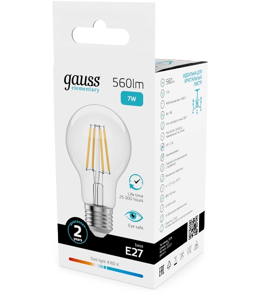 Лампа светодиодная филаментная Gauss Filament 7Вт цок.:E27 груша св.свеч.бел.нейт. (упак.:10шт)