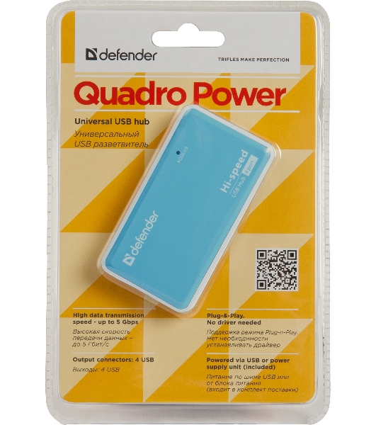 Концентратор USB Defender Quadro Power, USB, адаптер/через USB, блок питания