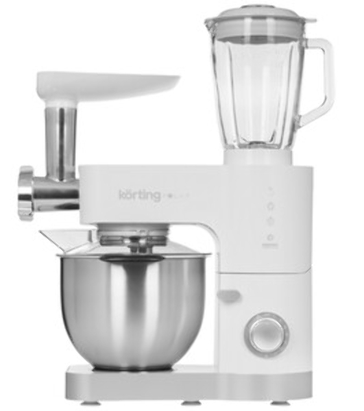 Кухонная машина Korting KKM 0105 Polar мощность 1200 Вт, 7 насадок (планетарный миксер с 3-мя насадками, мясорубка, насадка для колбас, насадка для кеббе, насадка-блендер), объем чаши 5.5 л, 8 скоростей, импульсный режим, механическое управление, белый