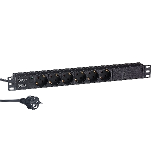 Блок розеток горизонтальный ExeGate ServerPro PDU-19H603 Al-6S-EU2.5, 19', 1U, Алюминий, 6 Schuko, кабель с евровилкой VDE-250V-16A-3*1.5мм2, 2.5 метра, черный