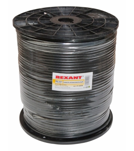 Кабель коаксиальный Rexant RG-6U+Cu, 75 Ом, Cu/Al/Cu, 64%, бухта 305 м, черный OUTDOOR