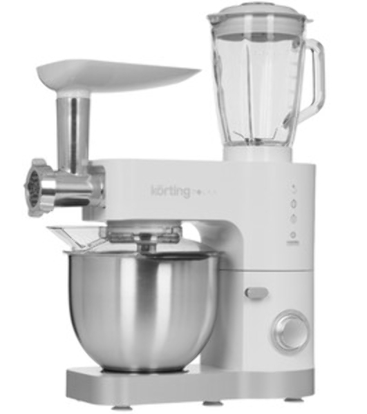 Кухонная машина Korting KKM 0105 Polar мощность 1200 Вт, 7 насадок (планетарный миксер с 3-мя насадками, мясорубка, насадка для колбас, насадка для кеббе, насадка-блендер), объем чаши 5.5 л, 8 скоростей, импульсный режим, механическое управление, белый