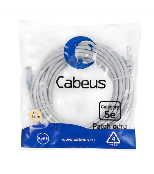 Шнур коммутационный Cabeus, кат. 5е, неэкр., U/UTP, RJ45/RJ45, LSZH, AWG24 10м, серый