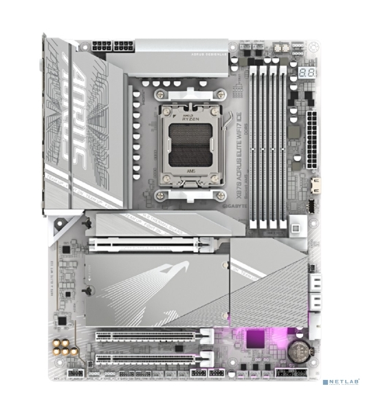 Материнская плата Gigabyte X870 A ELITE WIFI7 ICE, AM5, AMD X870, 4xDDR5, 4xSATA, 4xM.2, 1xPCI-E 5.0 x16, 1xPCI-E 4.0 x4, 1xPCI-E 3.0 x2, 1xHDMI, 1x 2.5Gb LAN, 2xUSB-C 4.0, 2xUSB 3.2 Gen 2, 4xUSB 3.2 Gen 1, 4xUSB 2.0, 2x3.5 мм, 7.1, ATX