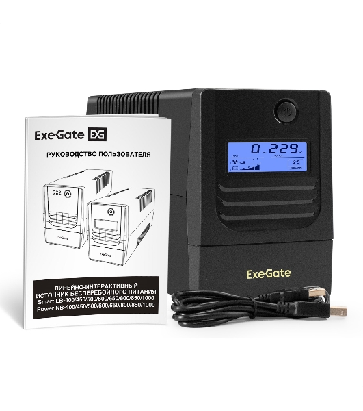 Источник бесперебойного питания ExeGate Smart LB-500.LCD.AVR.2SH.USB (500VA/300W, LCD, AVR, 2*Schuko, USB, батарея 12V 4.5Ah, Black)