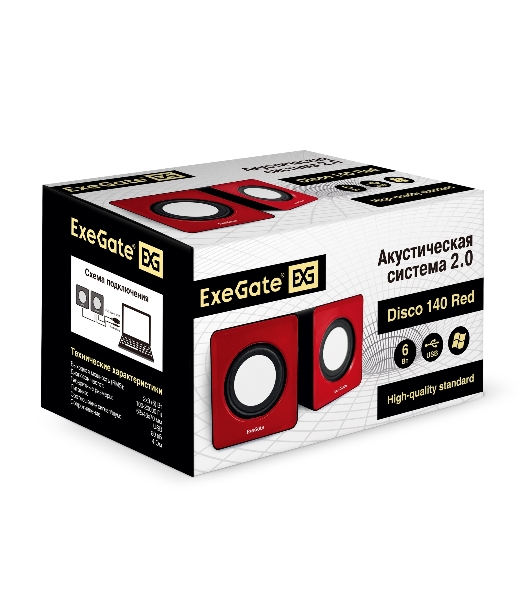 Акустическая система 2.0 ExeGate EX289920RUS Disco 140 Red (питание USB, 2х3Вт (6Вт RMS), 100-20000Гц, красный)
