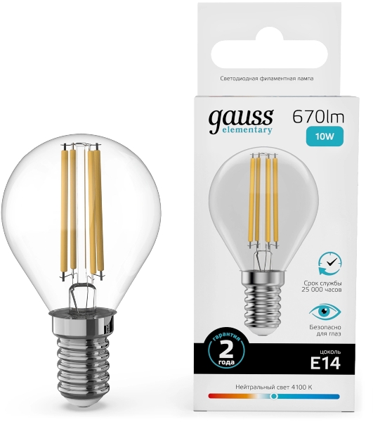 Лампа светодиодная филаментная Gauss Filament 10Вт цок.: E14 шар св. свеч. бел. нейт. (упак.: 10 шт)