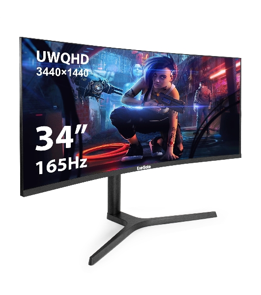Монитор 34' ExeGate Combat EC3407TA VA 3440x1440, 165 Гц, 1 мс, 21:9, 300 кд/м², HDMI 2.0, DP 1.2, 3.5 Jack, FreeSync, изогнутый экран (1800R), черный
